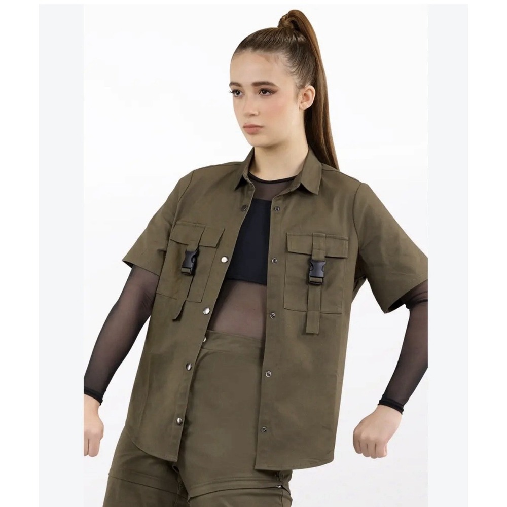 Weissman Short Sleeve Buckle Cargo Utility Shirt Green L Hip Hop Dance Safari